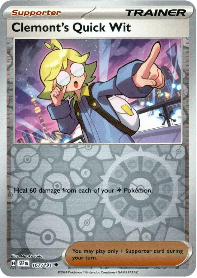 [Binder Condition] Clemont's Quick Wit [Reverse Holo] #167 Pokemon Surging Sparks